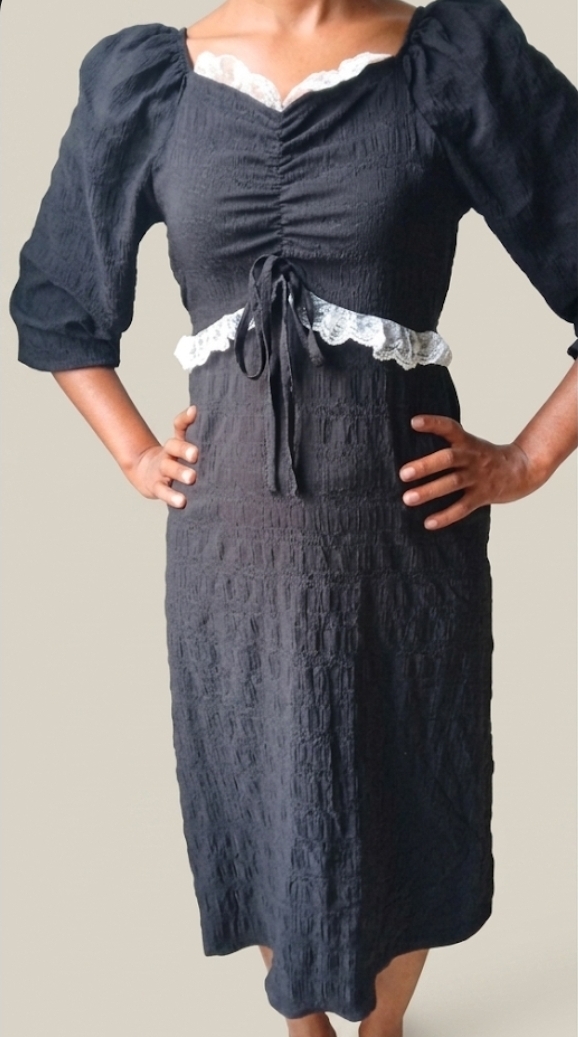 Black Crinkle Midi Dress with White Lace Trim