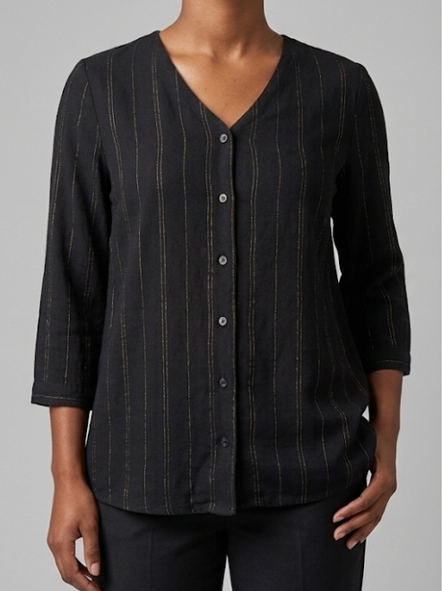 Black Gold-Pinstriped V-Neck Button-Front Blouse