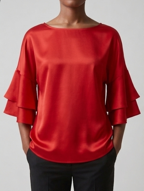 Red Silky Layered-Sleeve Blouse