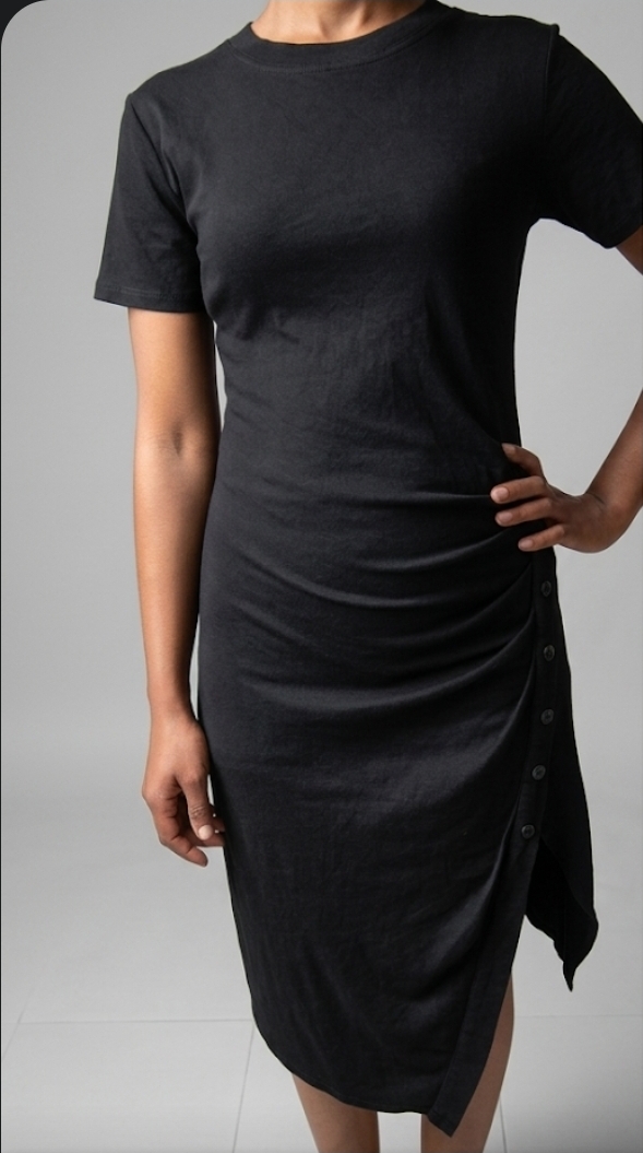 Black Short-Sleeve Ruched Asymmetrical Dress with Button Detail
