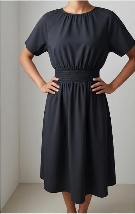 Black Short-Sleeve Smocked-Waist Midi Dress