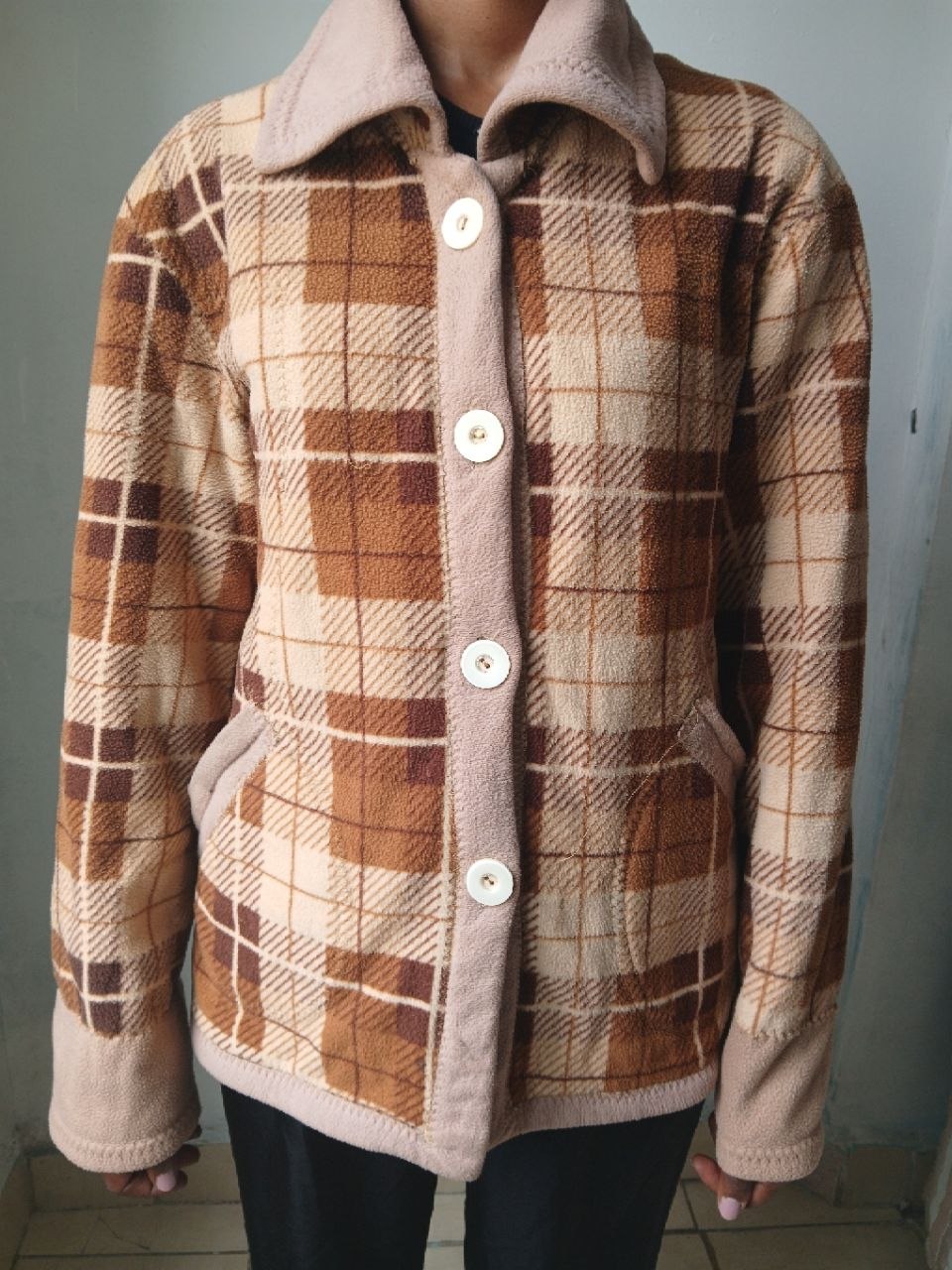 Classic Brown and Tan Plaid Fleece Jacket