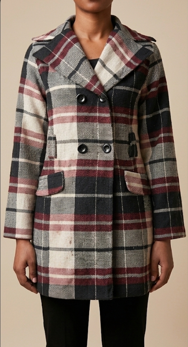Black & Red Plaid Double-Breasted Woven Coat
