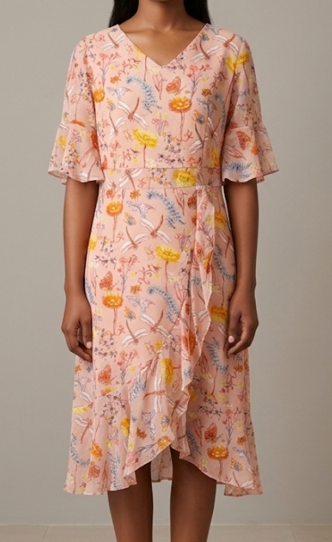 Pink Floral Dragonfly Print V-Neck Ruffled Midi Dress