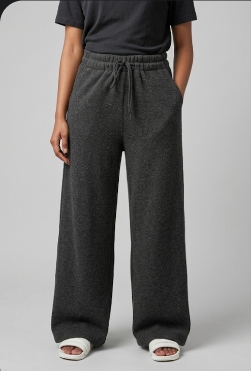 Charcoal Grey Textured Knit Wide-Leg Pants
