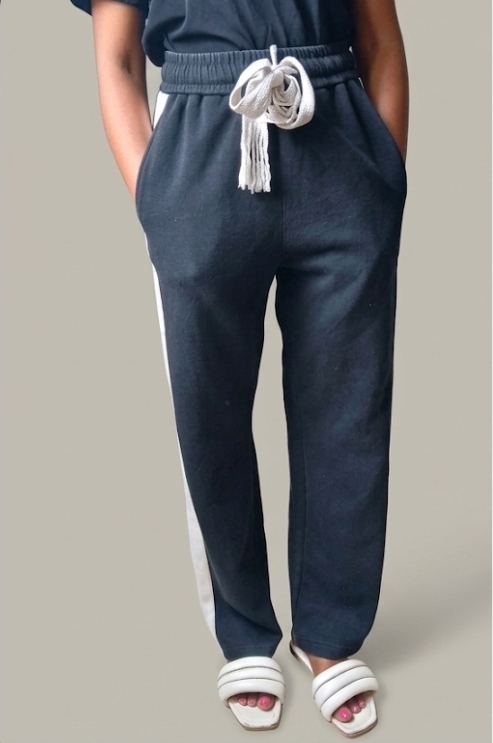 Black Side-Stripe Sweatpants with Fringe Drawstring