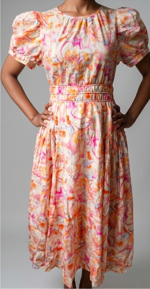 Orange and Pink Abstract Swirl Tiered Midi Dress