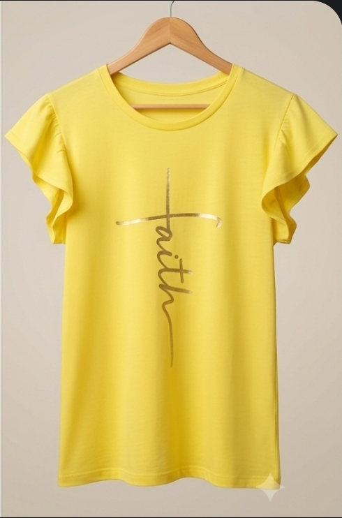 Faith Cross Graphic Top with Ruffle Sleeves