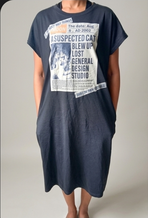 Charcoal Grey Newspaper Graphic T-Shirt Midi Dress