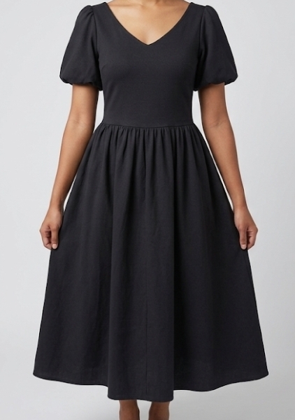 Black Puff-Sleeve Square-Neck A-Line Midi Dress