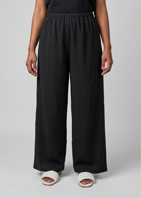 Black Elastic-Waist Wide-Leg Flowy Trousers