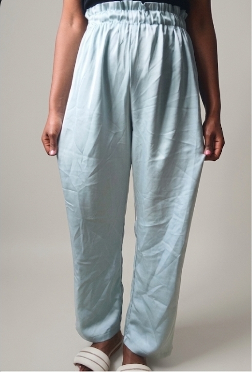 Light Blue Satin Paperbag-Waist Wide-Leg Trousers