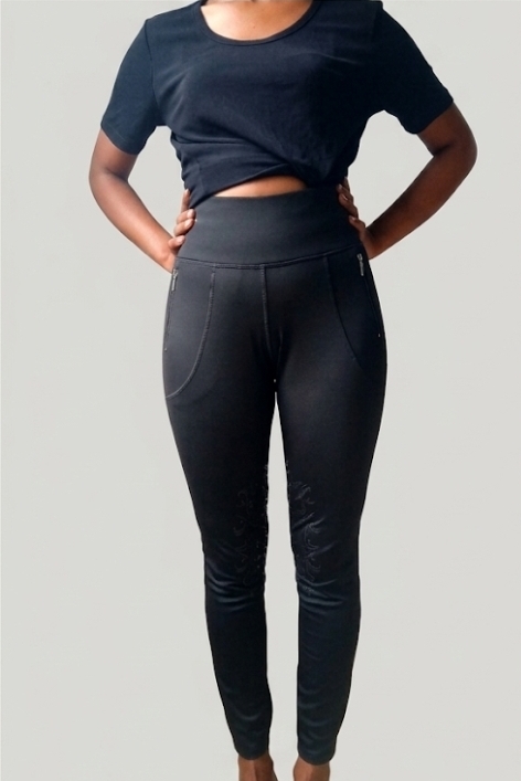 Black Flocked Knee-Patch High-Waist Leggings