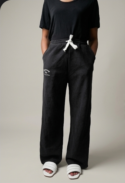 Black Wide-Leg Graphic Sweatpants with White Drawstring