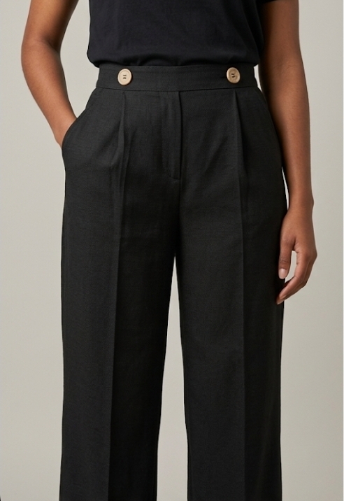 Black Pleated Wide-Leg Trousers with Button Detail