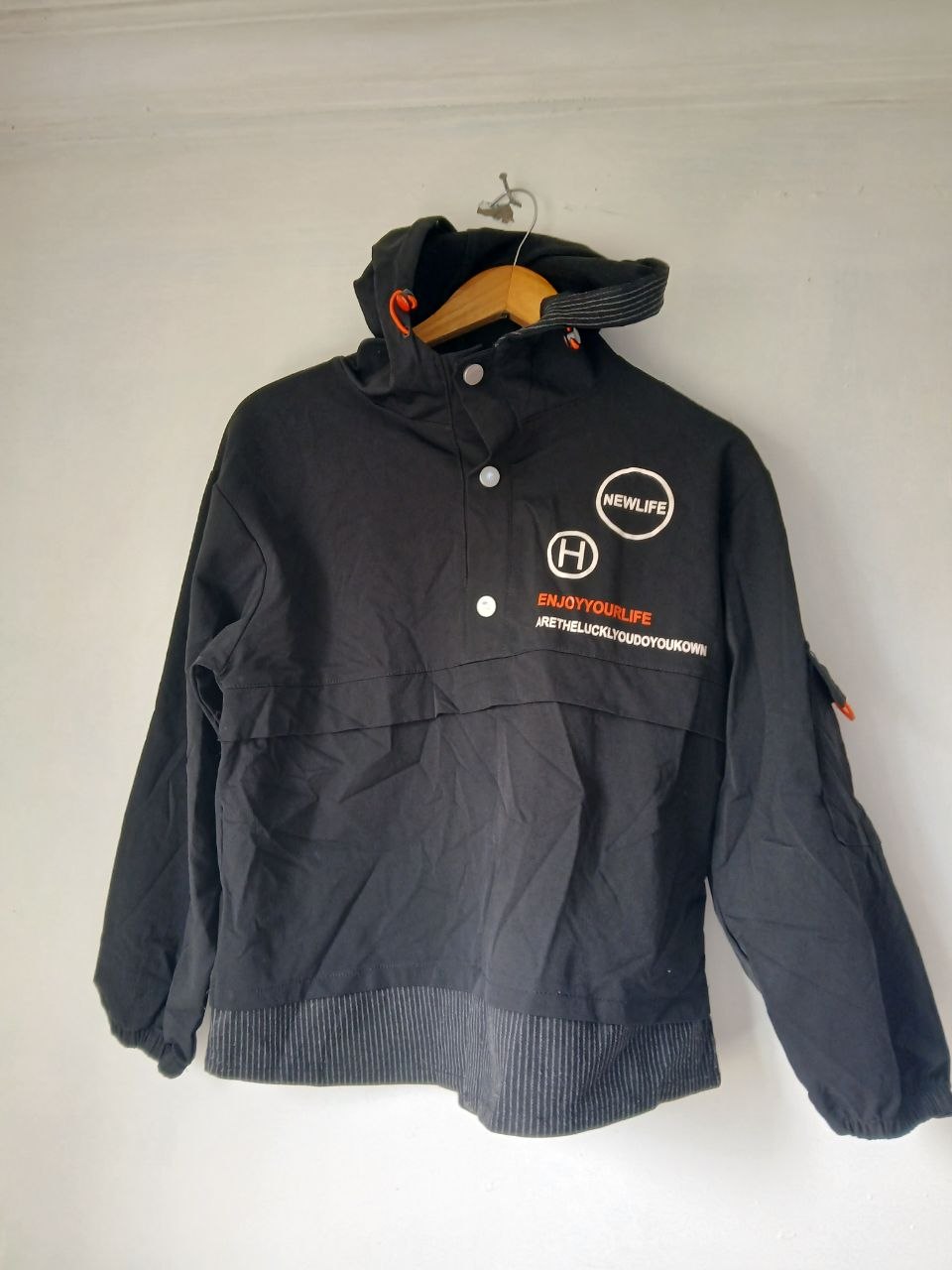 Black ‘New Life’ Graphic Anorak with Layered Stripe Hem